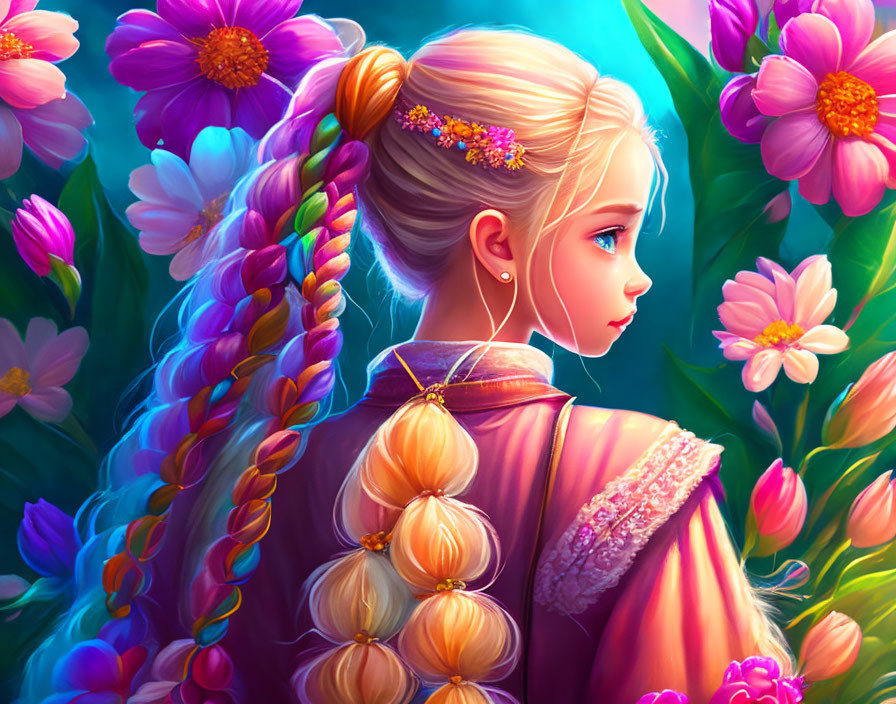 Colorful Illustration of Girl with Intricate Braided Hair in Floral Setting