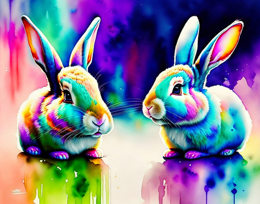 Colorful Watercolor Style Rabbits on Abstract Background