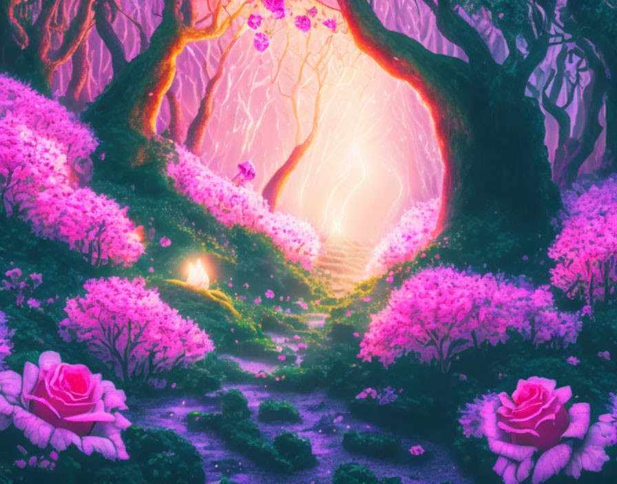 Enchanting glowing forest with purple and pink hues and mysterious light.