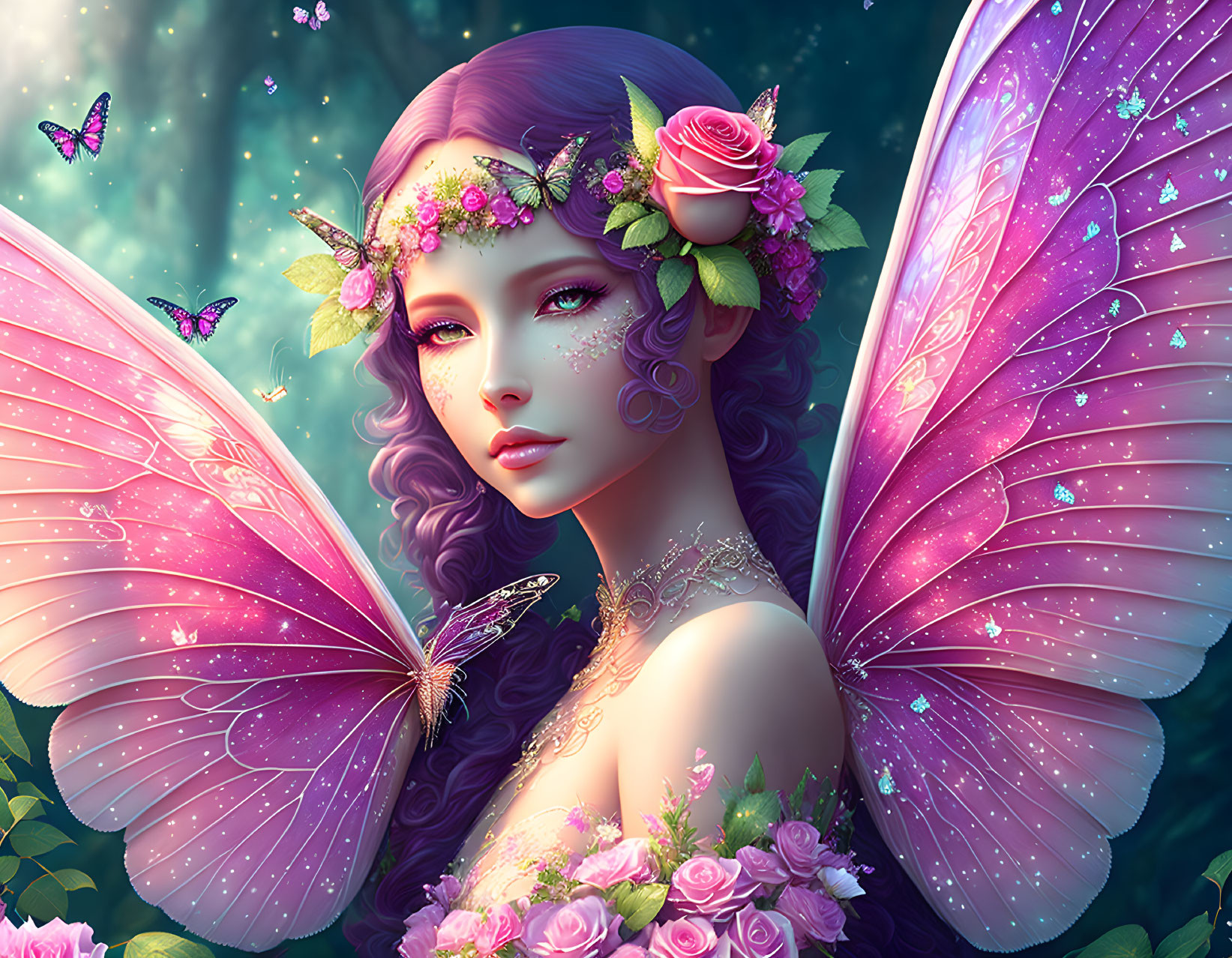 Fantasy digital artwork of female figure with butterfly wings and floral decorations.