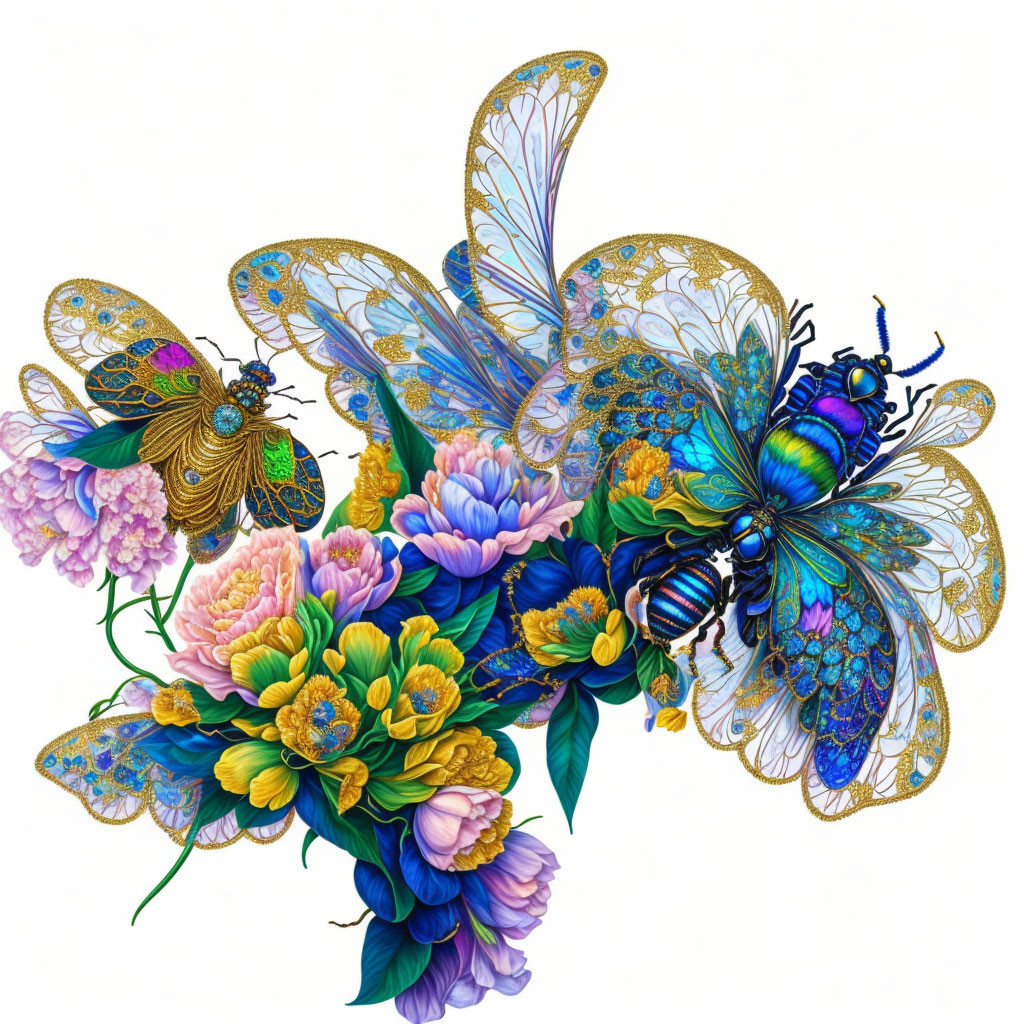 Detailed jewel-toned butterflies on colorful flowers against white background