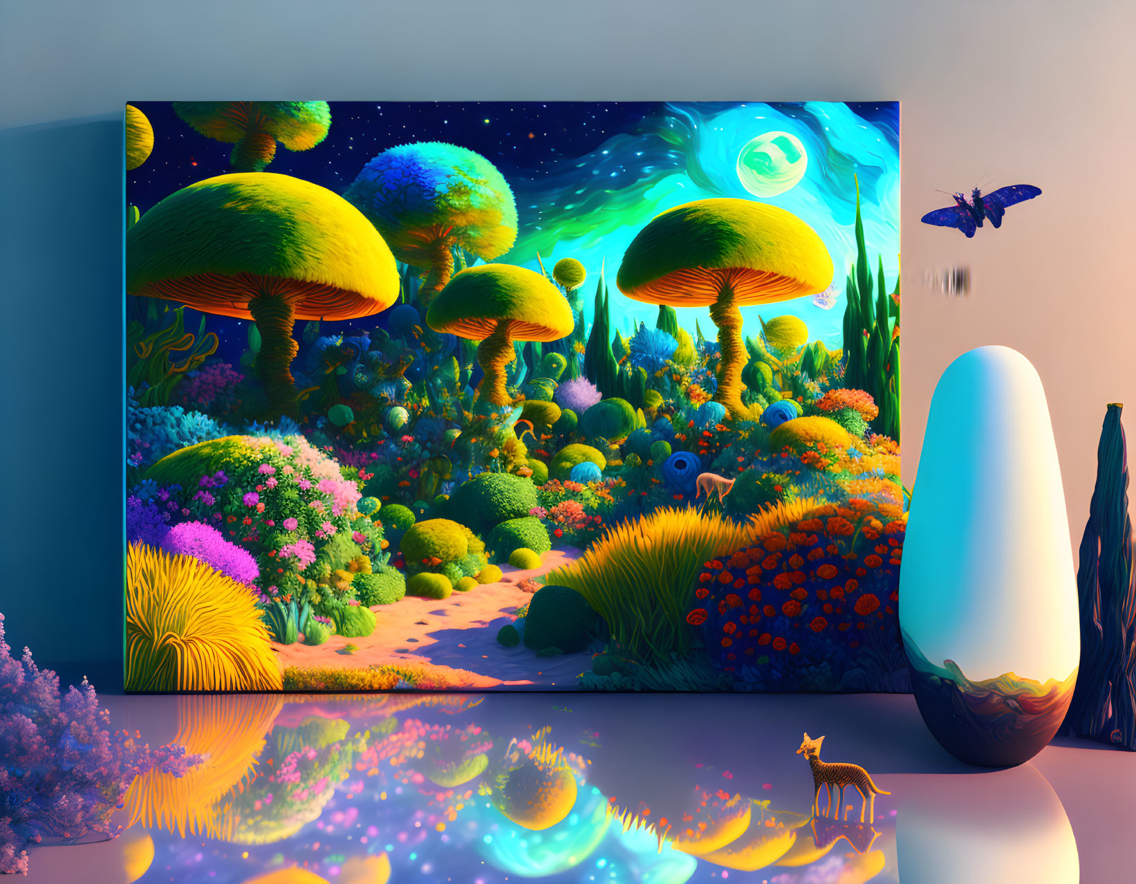 Colorful digital artwork: Fantastical mushroom forest with deer and butterfly