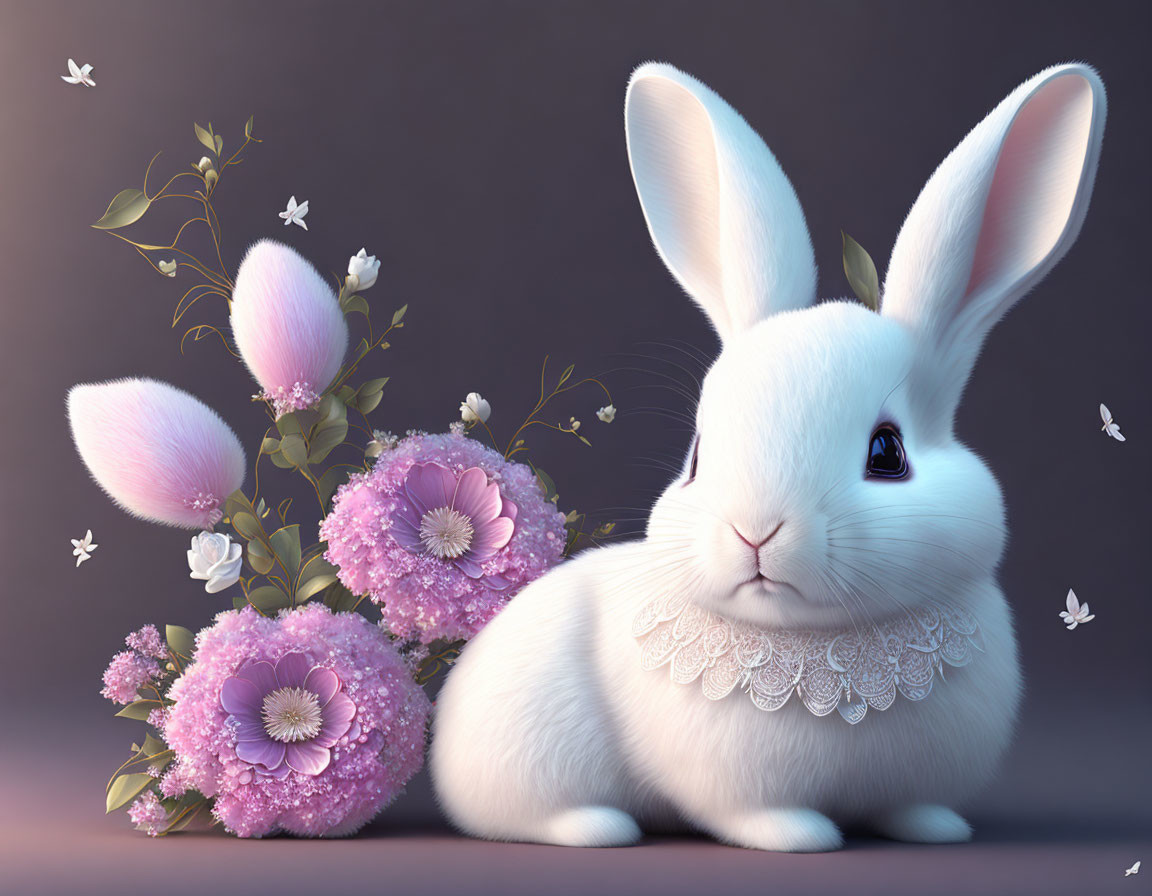 White Rabbit Surrounded by Flowers, Blossoms, and Butterflies on Purple Background