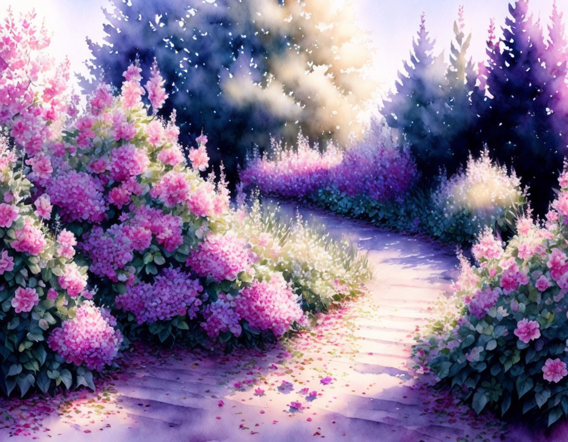 Tranquil garden path with pink hydrangeas and purple flowers