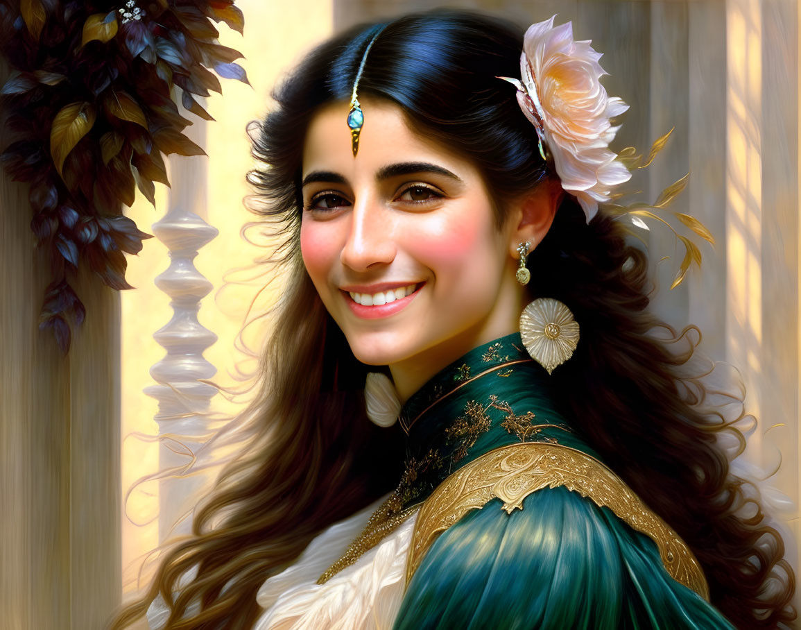 Smiling woman in traditional attire with flower in dark hair