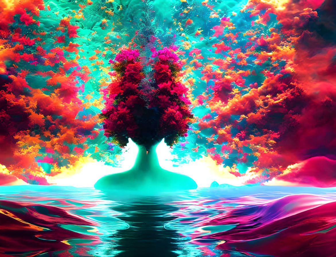 Colorful Fantasy Landscape with Central Tree and Reflective Water