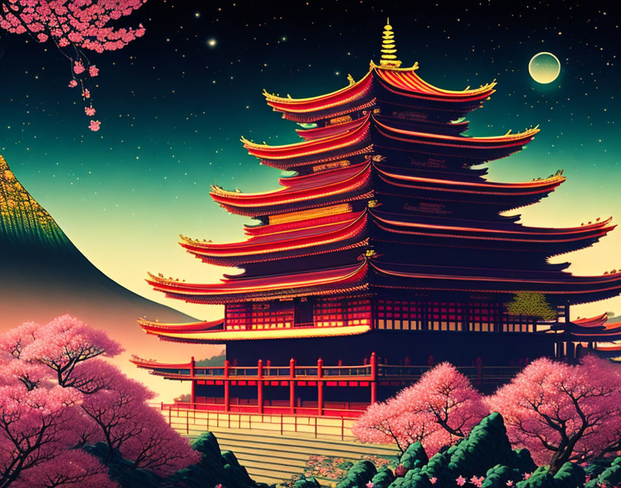 Traditional multi-tiered pagoda at night with cherry blossoms and crescent moon