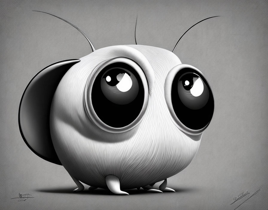 Monochrome illustration of cute bug with big eyes on textured background