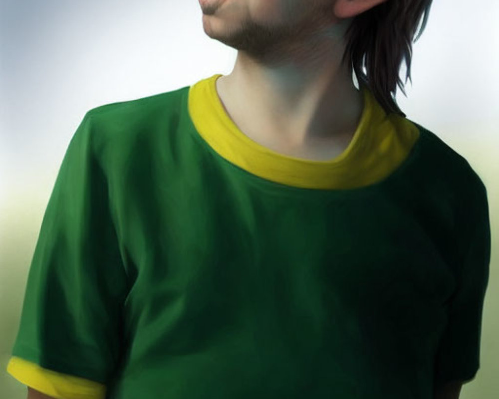 Digital art portrait of person in green t-shirt with tongue out, looking up against blurred nature backdrop