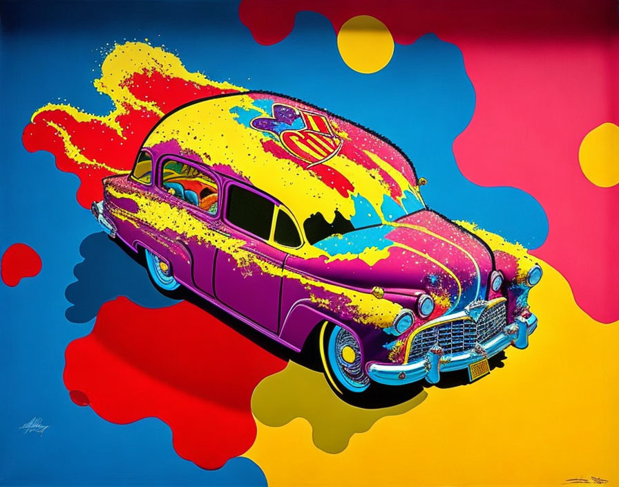 Colorful Pop Art Illustration of Classic Car on Multicolored Background