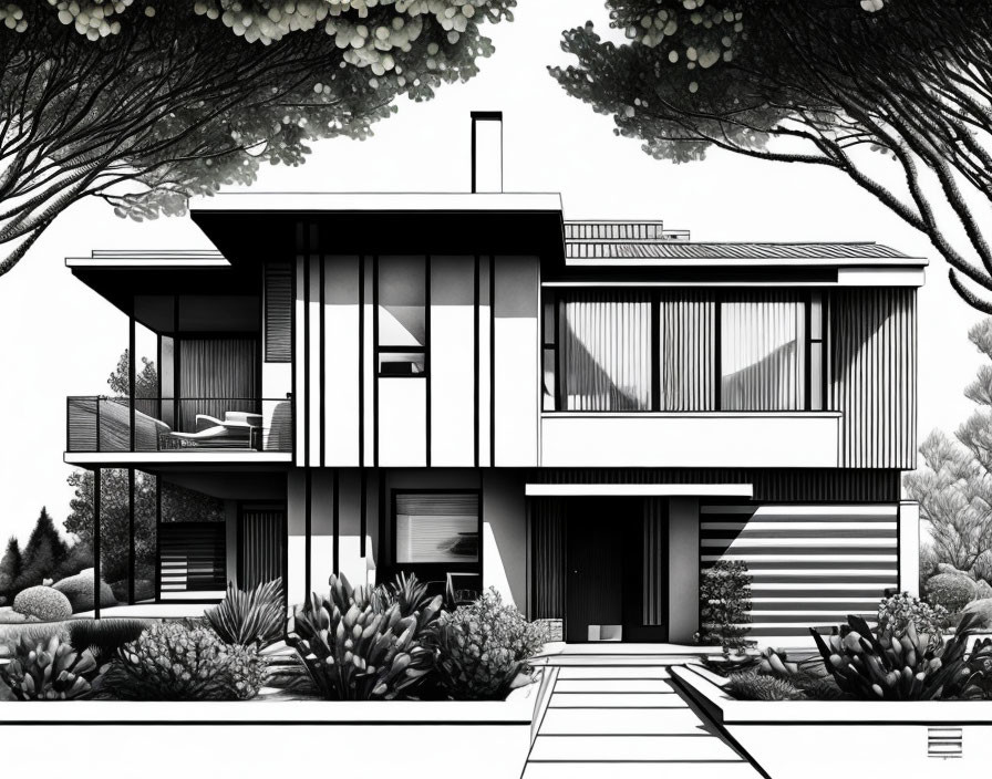 Monochrome illustration of contemporary two-story house with large windows in nature setting