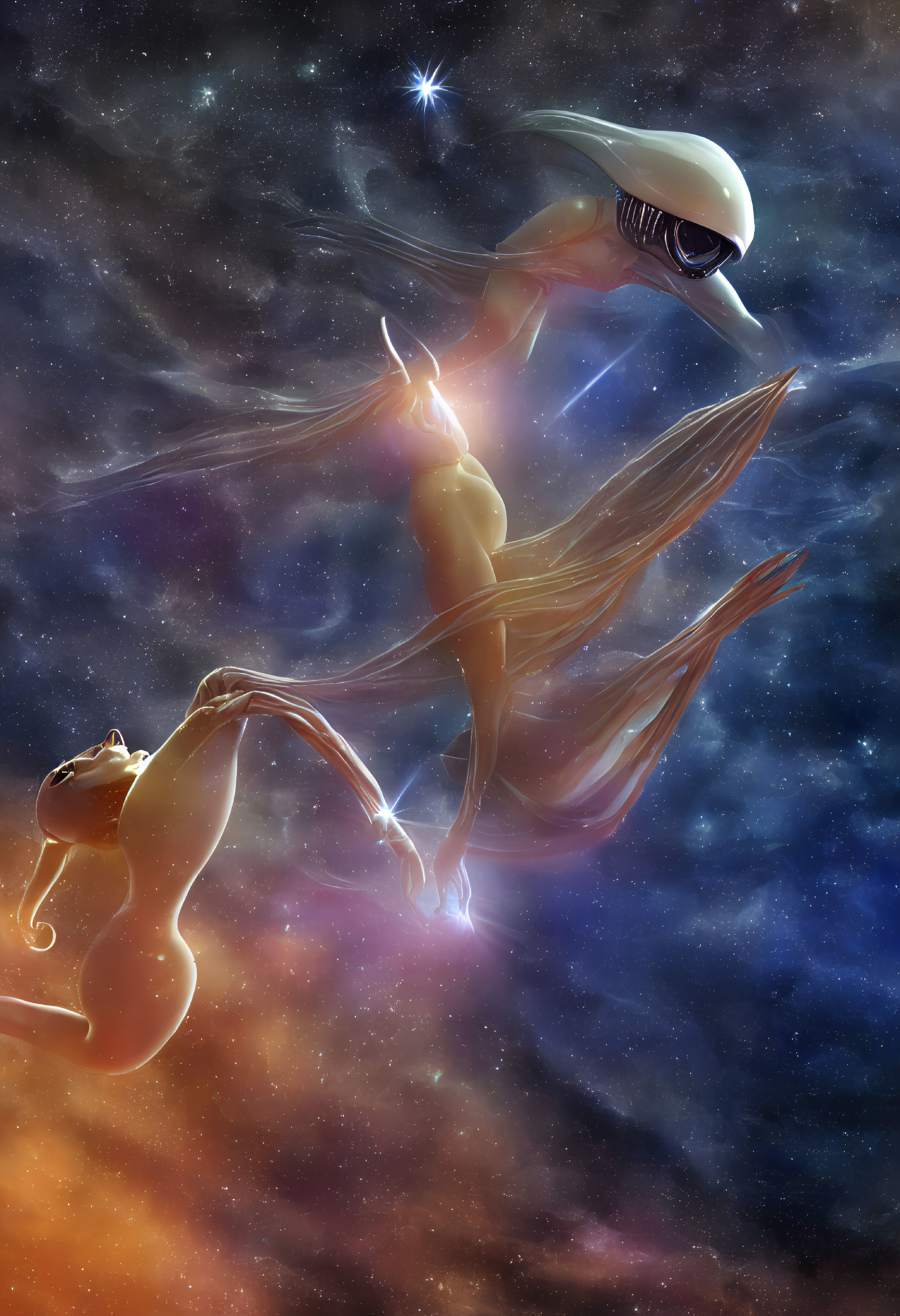 Surreal humanoid figure in cosmic setting with elongated head and human form touching hand