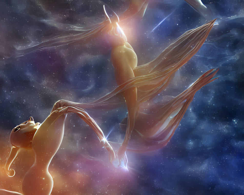 Surreal humanoid figure in cosmic setting with elongated head and human form touching hand