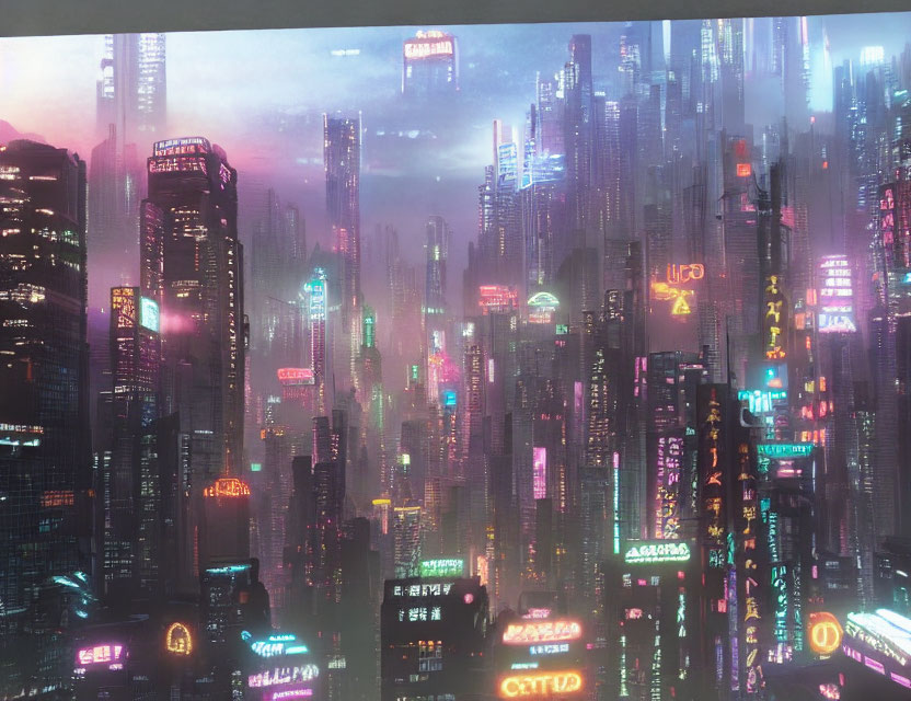 Futuristic neon-lit cityscape with skyscrapers and digital billboards at dusk