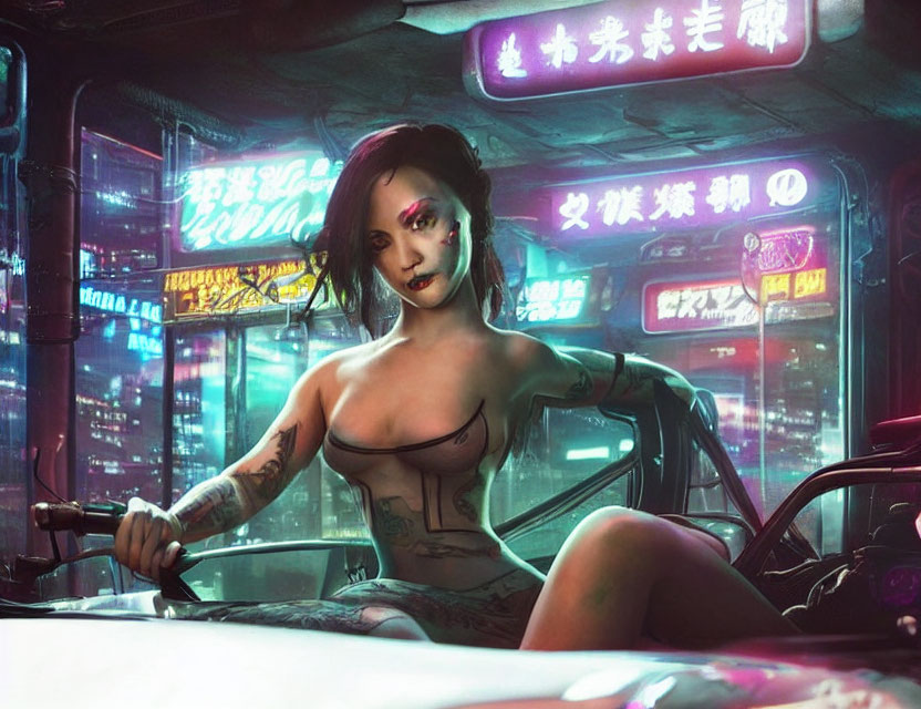 Tattooed woman with cybernetic enhancements in futuristic car with neon signs