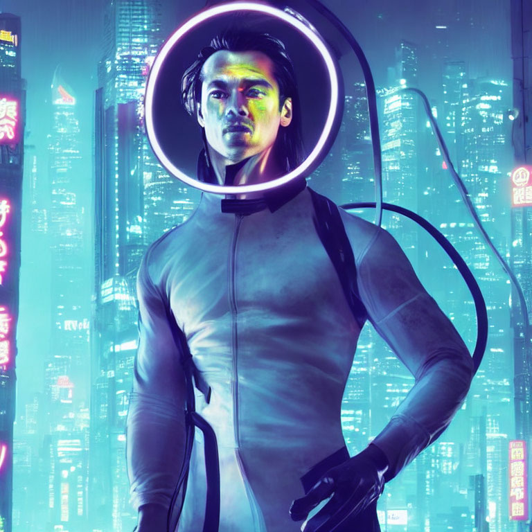 Futuristic portrait of a man with glowing neon lights in cyberpunk cityscape