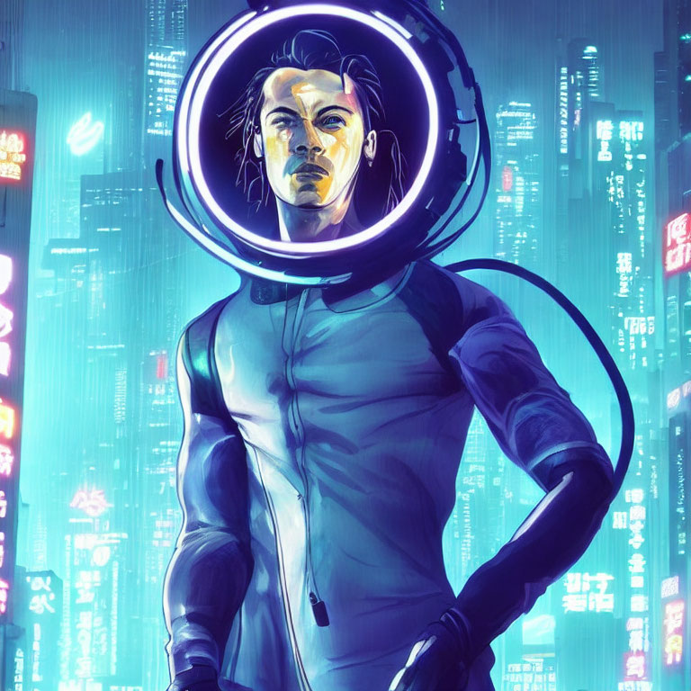 Glowing circular headpiece on futuristic character in neon cityscape.