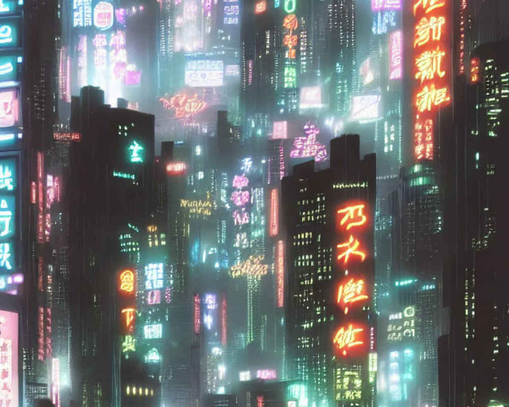 Vibrant neon-lit futuristic cityscape with towering skyscrapers