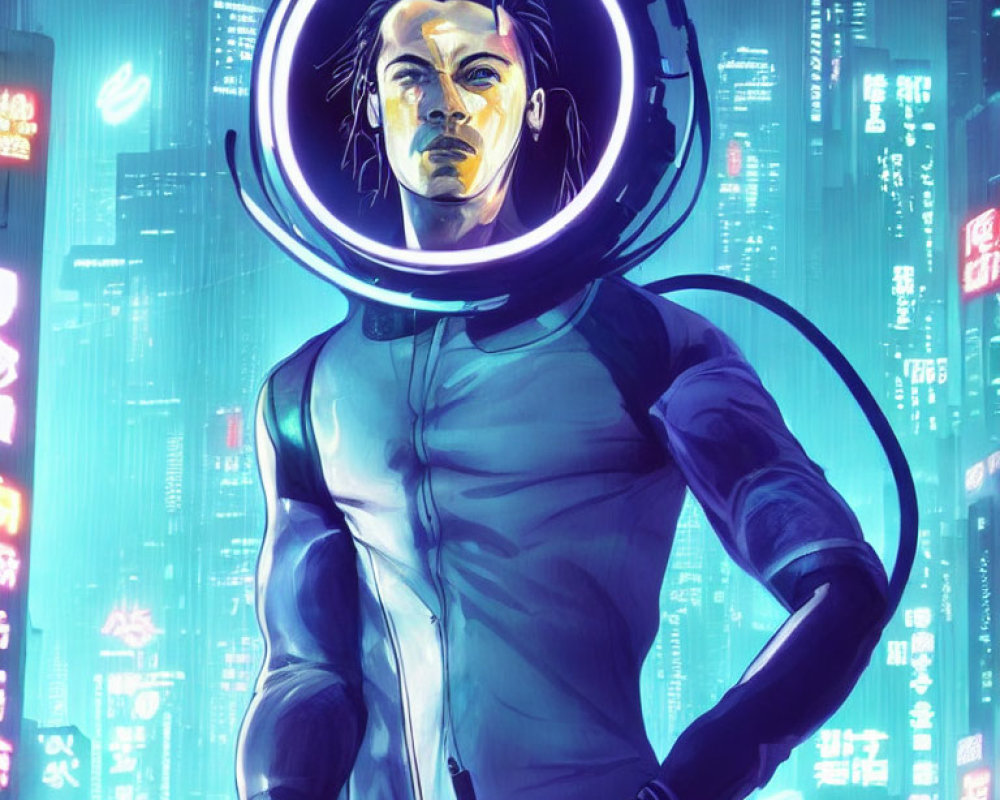 Glowing circular headpiece on futuristic character in neon cityscape.