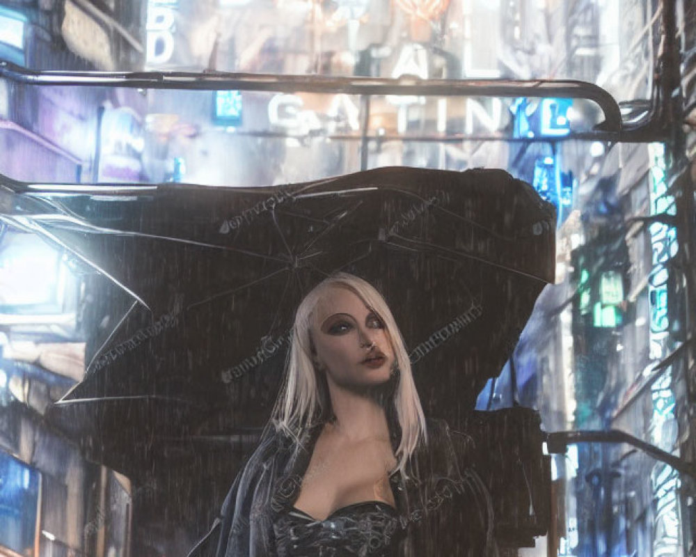 Person under umbrella in neon-lit rainy urban night scene