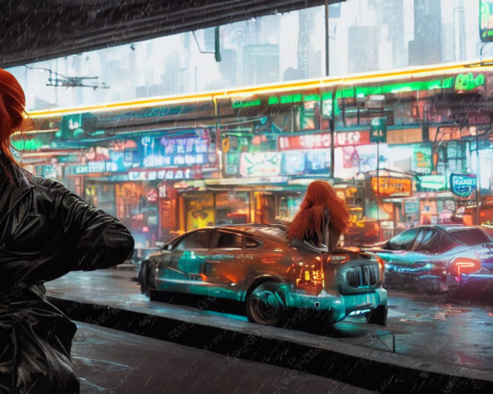 Red-haired person observing city street in rain with neon lights