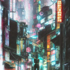 Vibrant neon-lit futuristic cityscape with towering skyscrapers