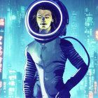 Glowing circular headpiece on futuristic character in neon cityscape.