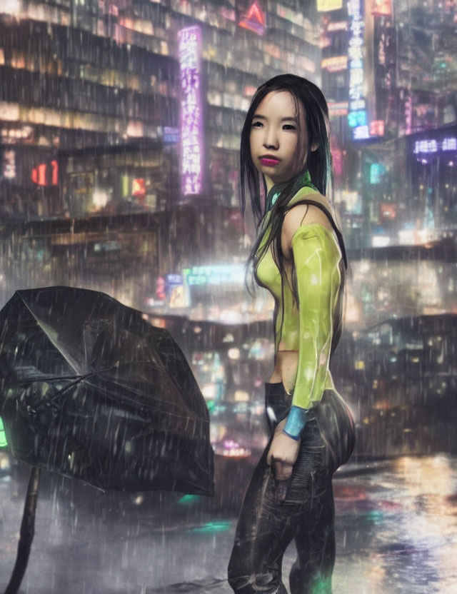 Person in rainy neon cityscape with black umbrella and translucent yellow top.