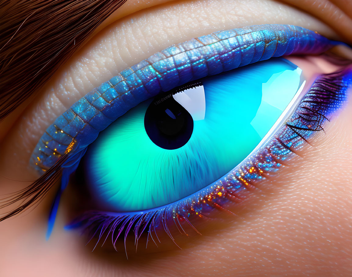 Detailed Close-Up of Blue Eye with Glittery Makeup and Prominent Eyelashes