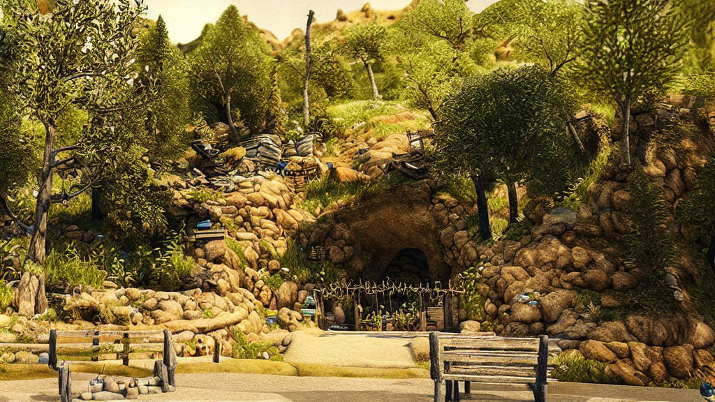 Vibrant video game landscape with stone tunnel, rocky terrain, trees, and bench