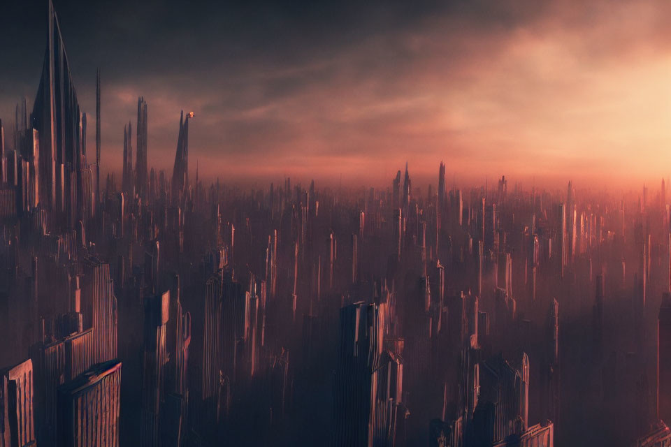 Dystopian skyline with towering skyscrapers under cloudy, reddish-brown sky