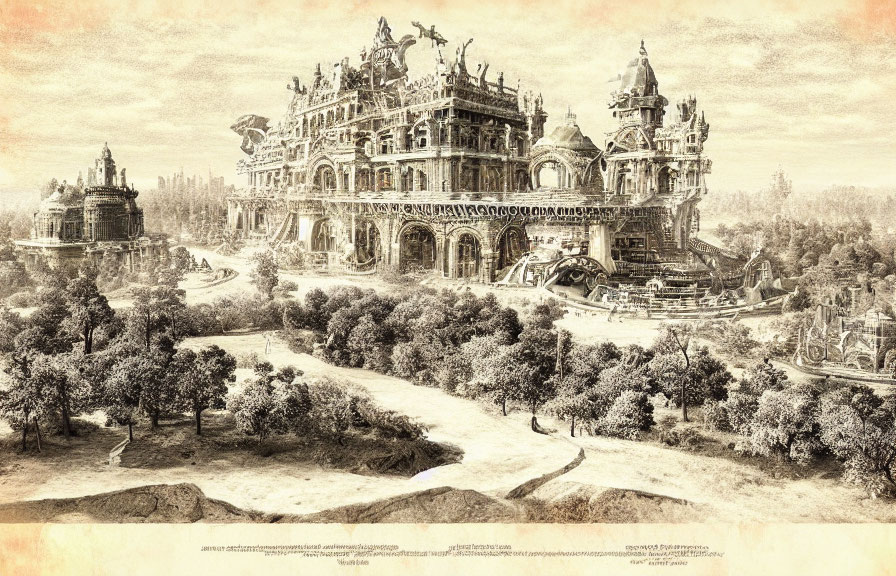 Detailed Sepia Illustration of Fantastical Palace in Lush Forest