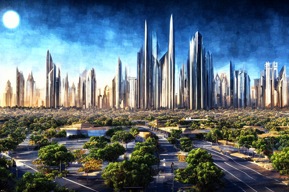 Futuristic cityscape with skyscrapers and greenery