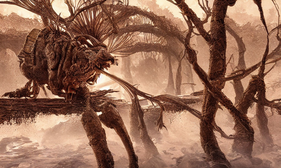 Alien creature with shell-like body on gnarled tree in misty forest.