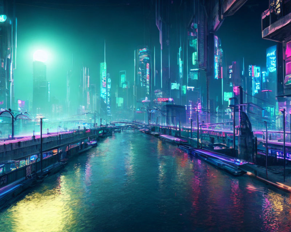 Futuristic neon-lit cityscape with skyscrapers and vibrant advertisements