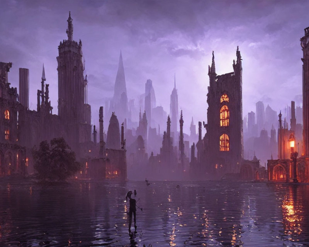 Lone figure in flooded gothic cityscape at dusk with towering spires