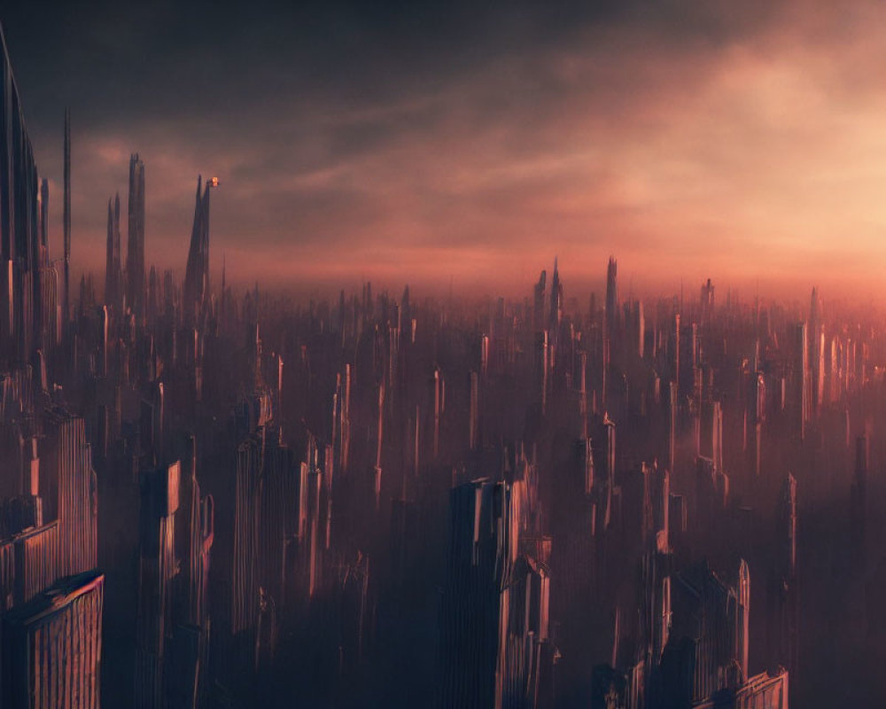 Dystopian skyline with towering skyscrapers under cloudy, reddish-brown sky