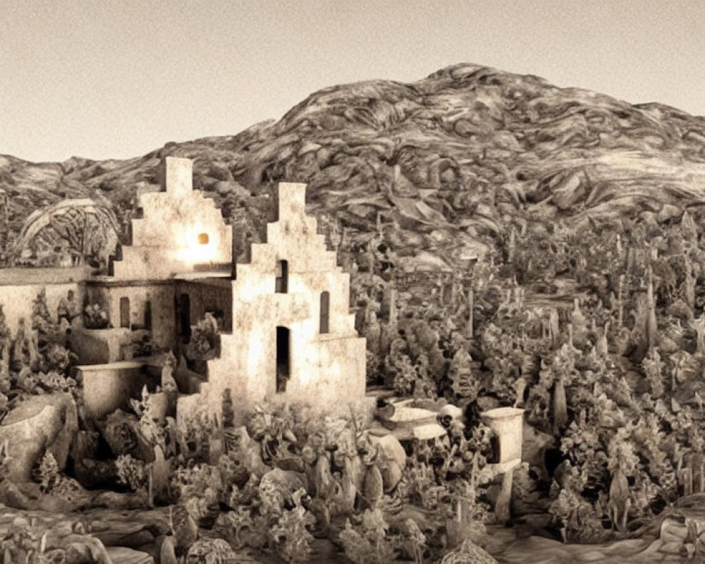 Sepia-Toned Image of Old Building, Vegetation, and Mountains