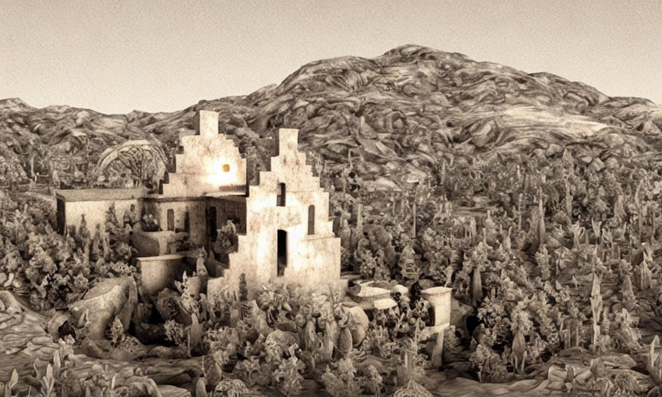 Sepia-Toned Image of Old Building, Vegetation, and Mountains