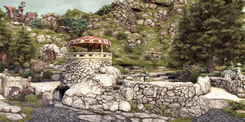 Stone Gazebo with Red Roof Surrounded by Greenery and Ancient Ruin