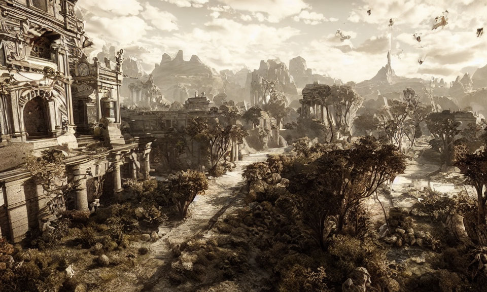 Overgrown ancient cityscape with dilapidated buildings, floating rocks, and distant mountains.