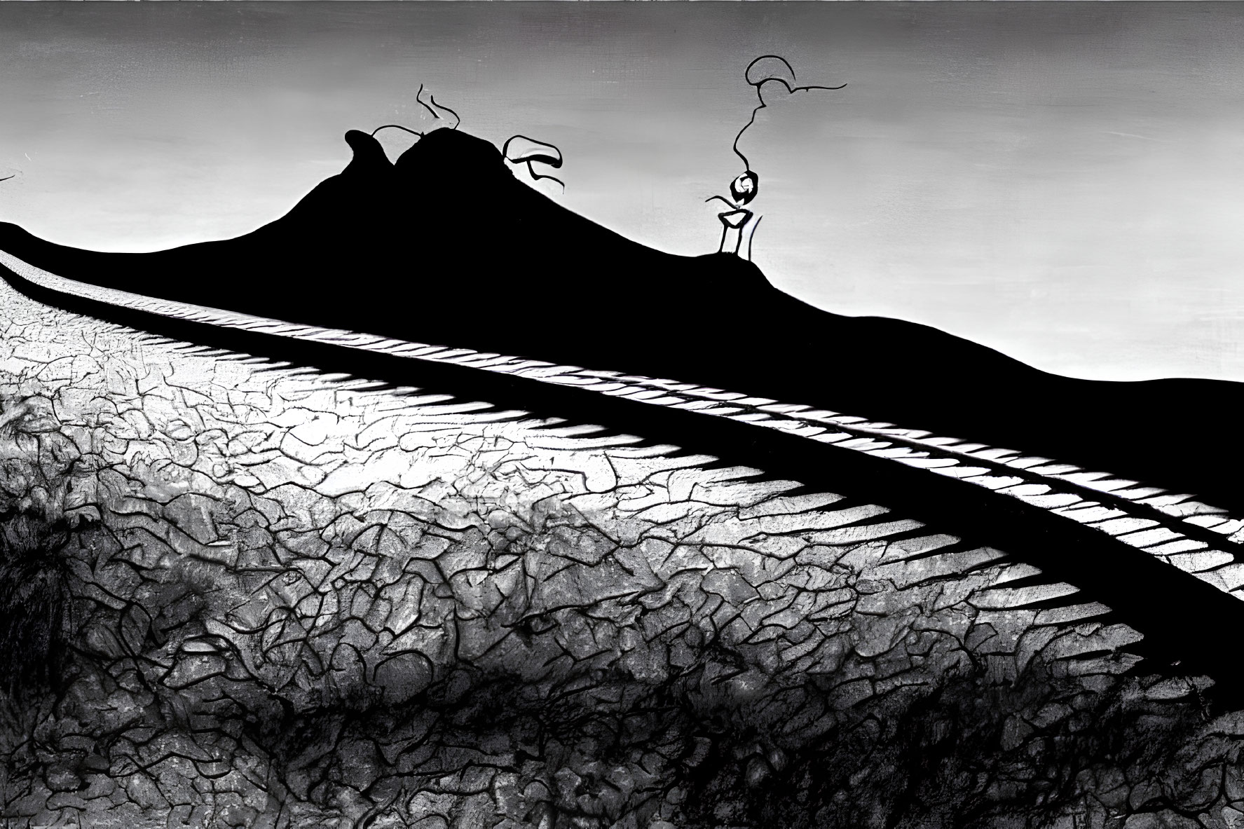 Surreal black and white artwork: railway track to mountain peak with whimsical character and abstract sky