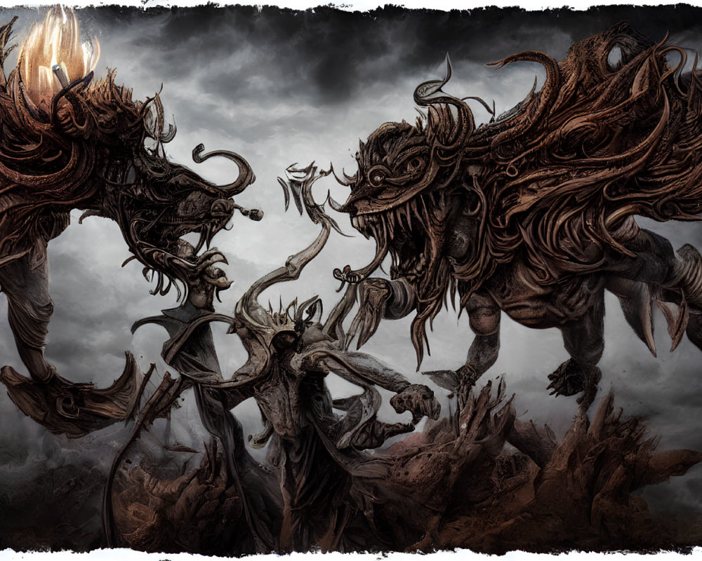 Mythical creatures in intense battle under dark sky