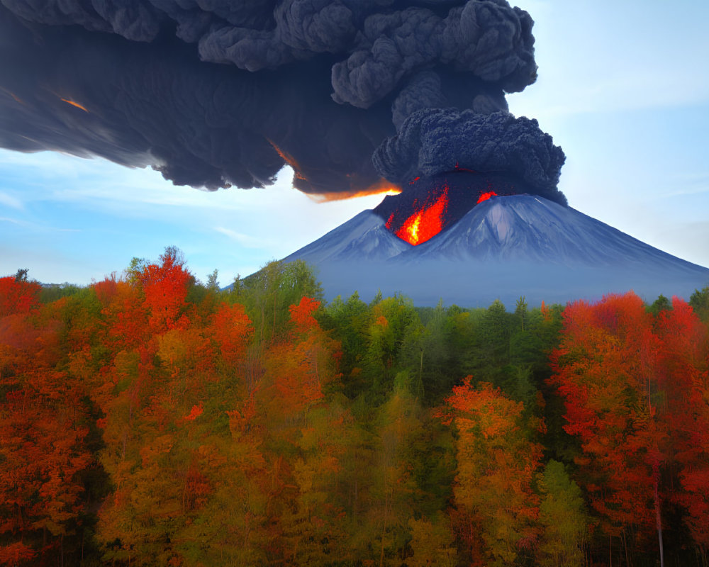 Volcano erupting over autumn forest with smoke and lava