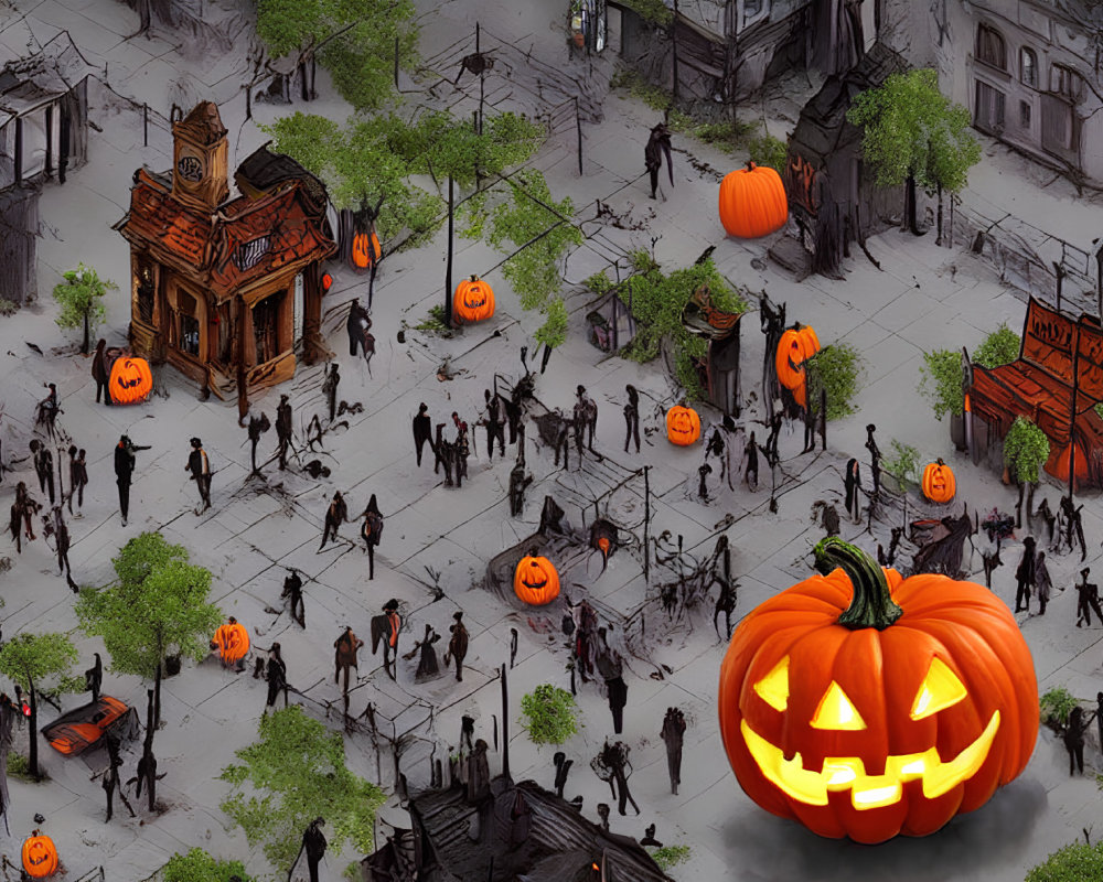 Illustration of Halloween-themed town square with jack-o'-lanterns and costumed characters