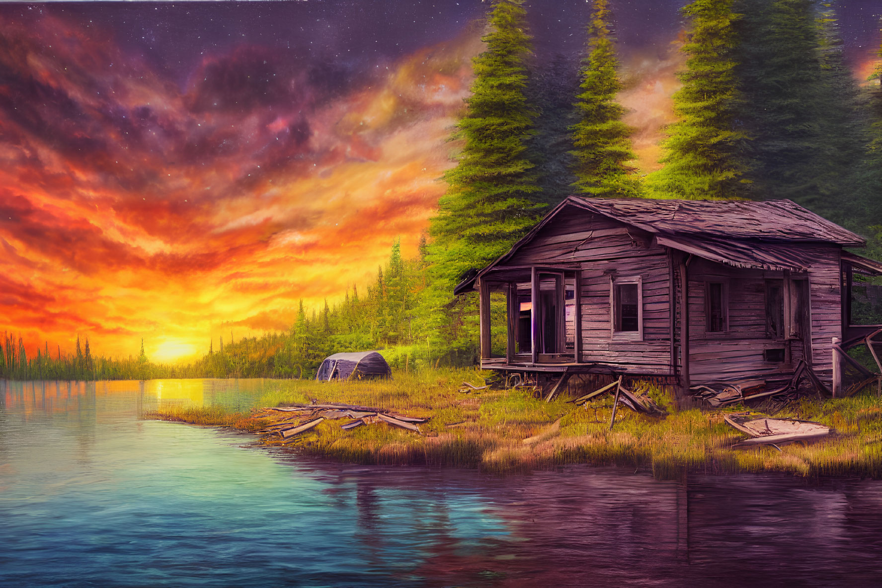 Rustic wooden cabin by serene lake with canoe, pine trees, sunset sky