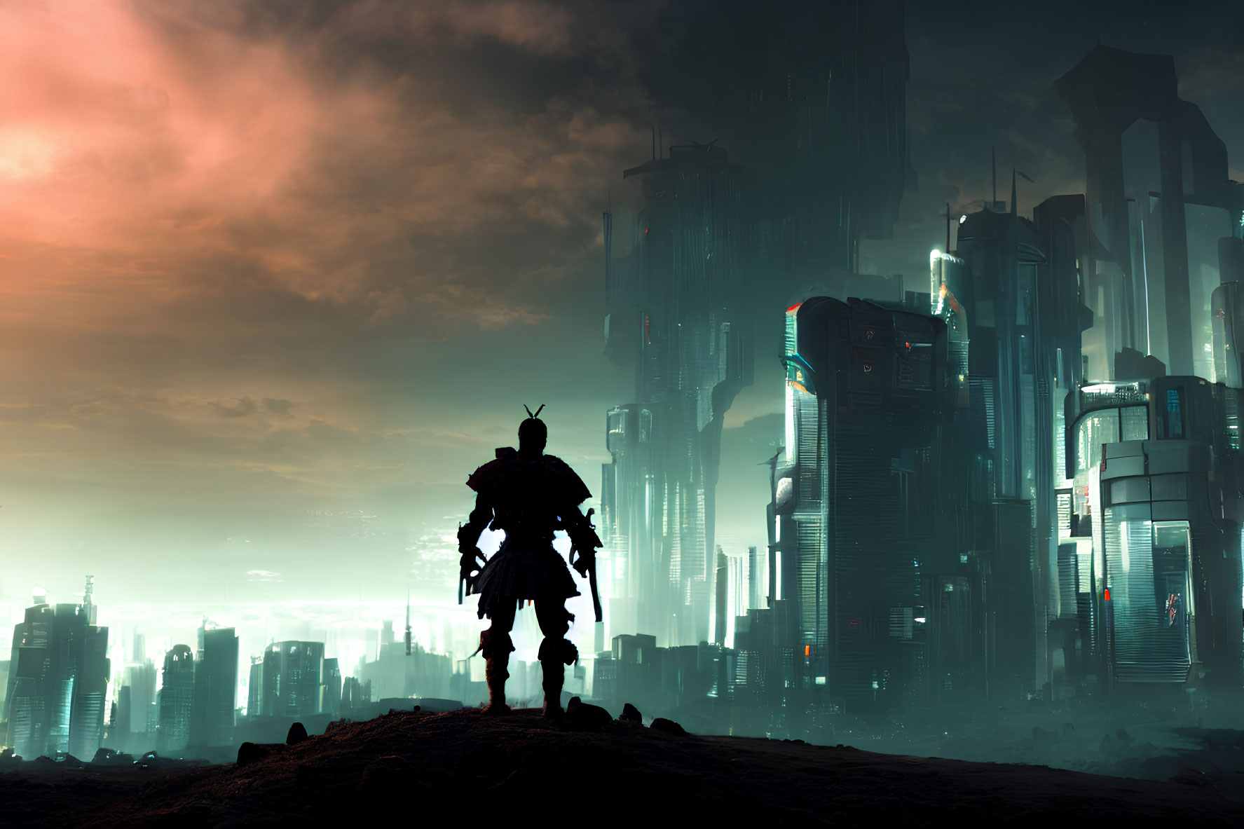 Futuristic armored person in neon-lit cyberpunk cityscape at dusk