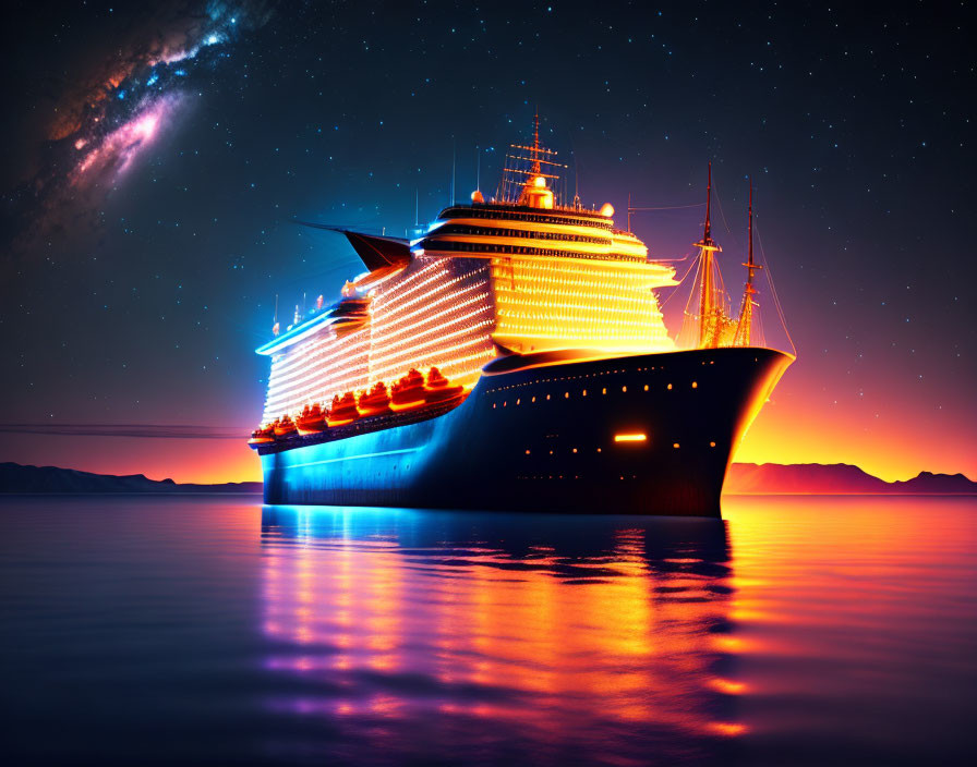 Vibrant Milky Way galaxy over cruise ship at night