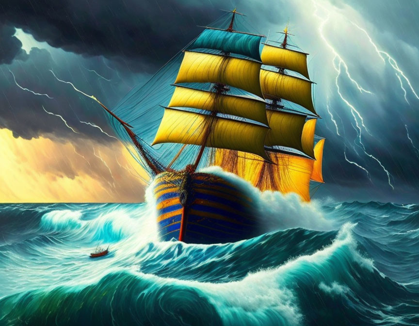 Yellow-sailed sailing ship battles stormy ocean waves under lightning-lit sky