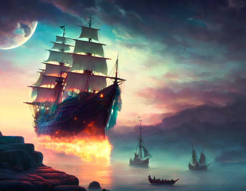 Sailing ship illuminated by fiery light on misty waters